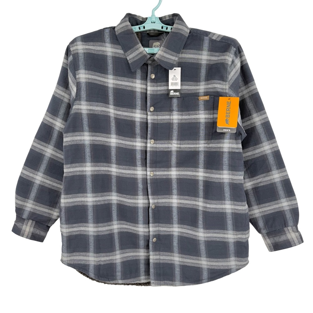 Berne Men's Sherpa Lined Flannel Shirt Jacket Size XL Warm Plaid Navy Grey NWT